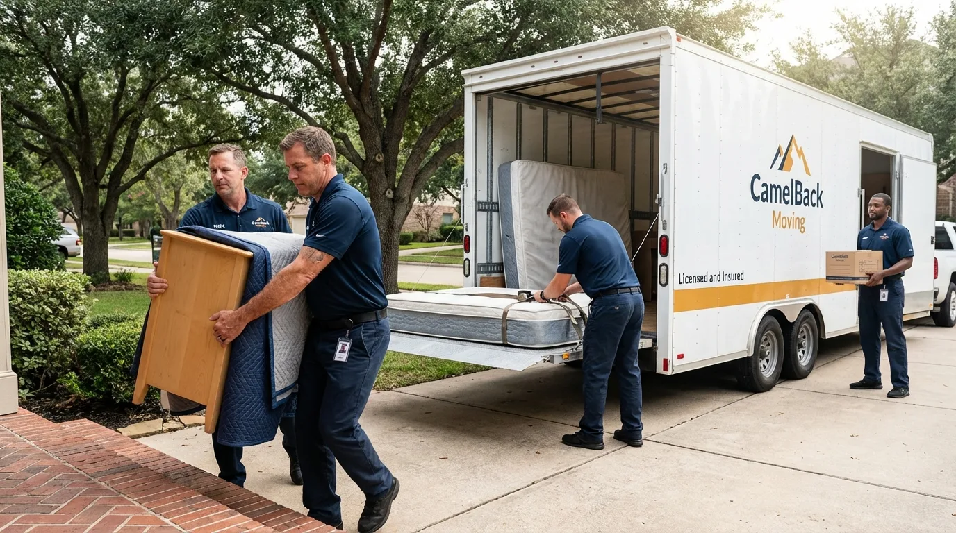 Crew loading residential truck for cross-state move from Leander, TX