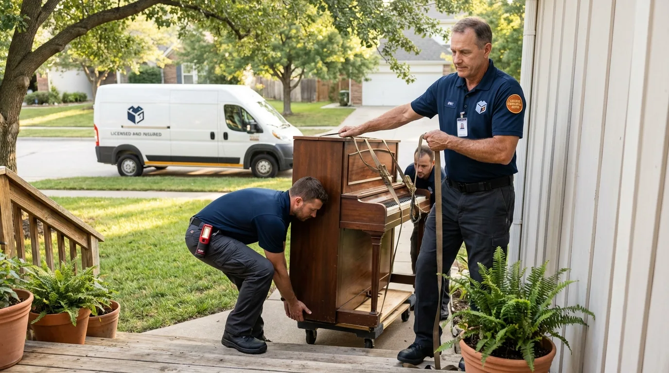 Licensed piano movers securing grand piano in Leander, TX
