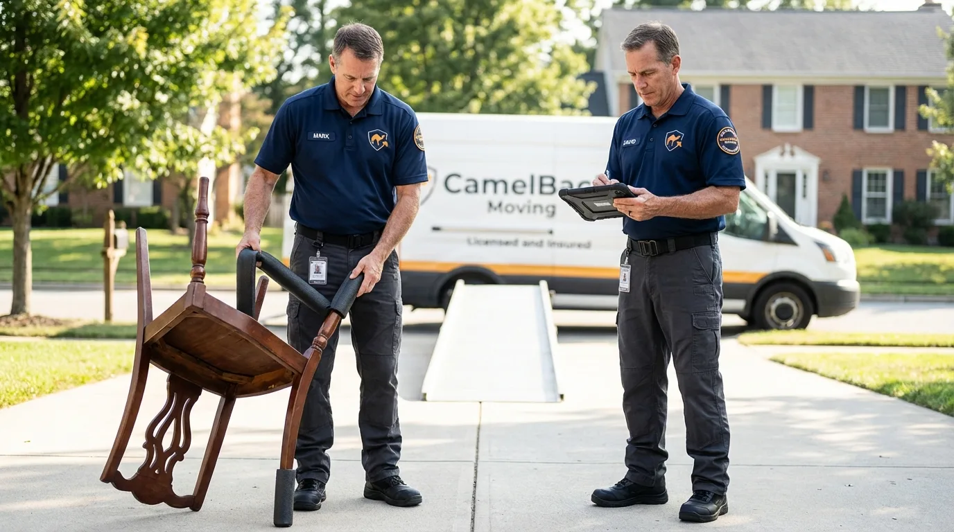 Movers inspecting furniture for damage prevention before loading in Leander, TX