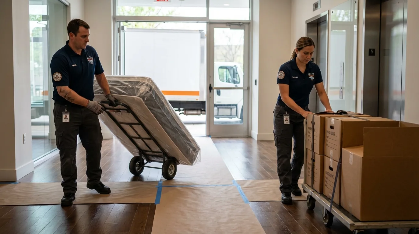Professional apartment movers loading elevator in Leander, TX