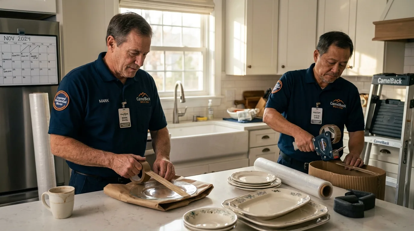 Professional crew packing kitchen dishware in Leander, TX